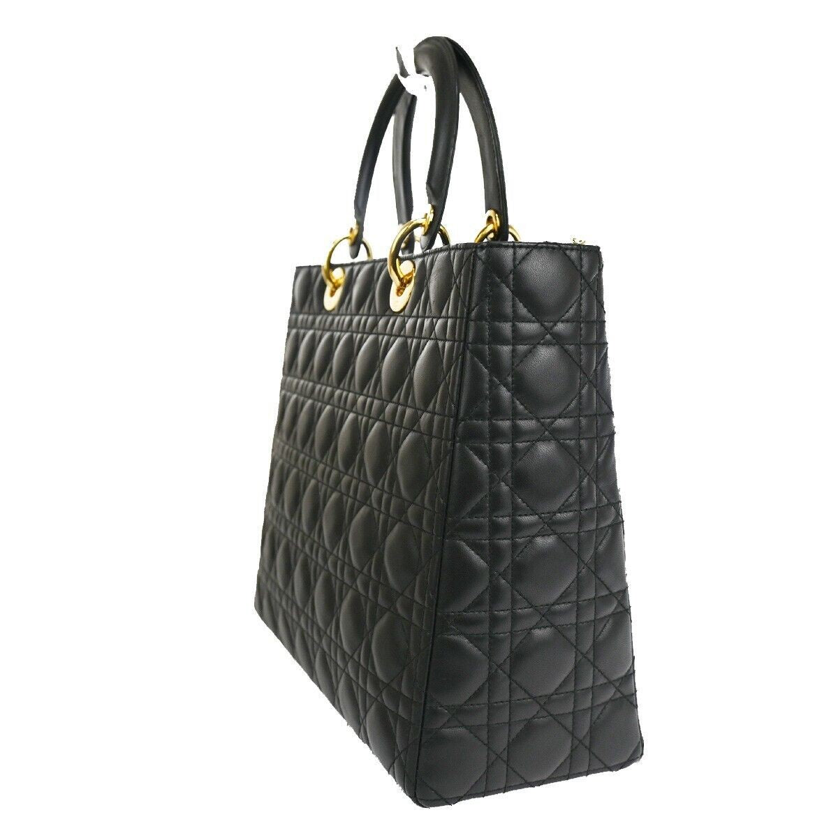 CHRISTIAN DIOR Lady Cannage Hand Tote Bag Leather Black Gold Italy 650RC585
