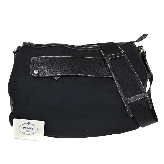 PRADA MILANO Tessuto Shoulder Bag Nylon Leather Black Silver Italy 35HB456