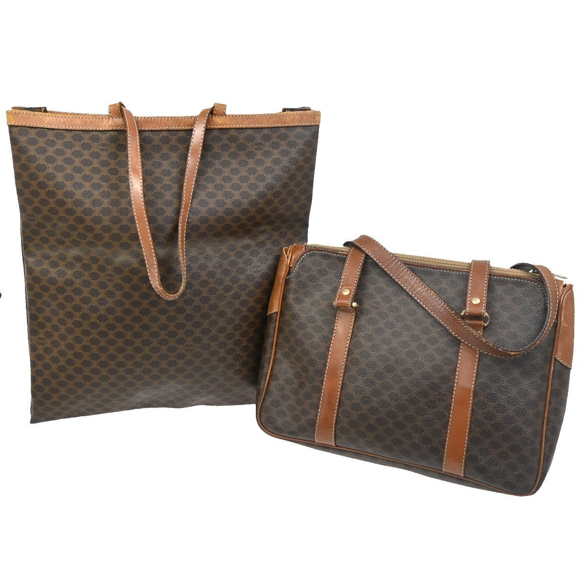 CELINE 2 Set Macadam Pattern Shoulder Bag PVC Leather Brown GHW 02TA450