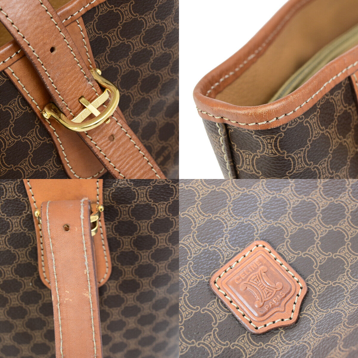 CELINE Logo Macadam Pattern Shoulder Tote Bag PVC Leather Brown GHW 62SJ475