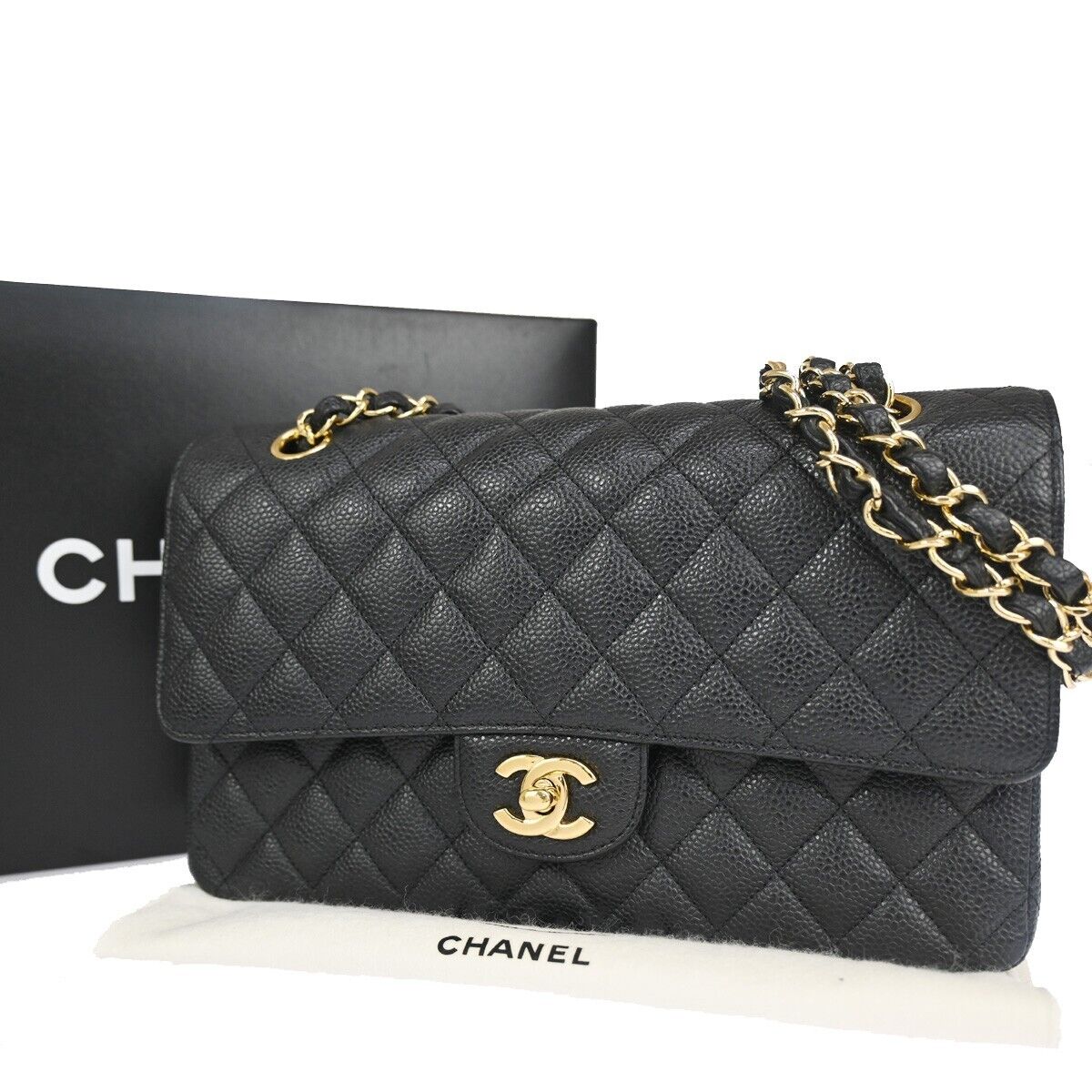 CHANEL CC Matelasse 25 Double Flap Chain Shoulder Bag Caviar Leather BK 465LC344