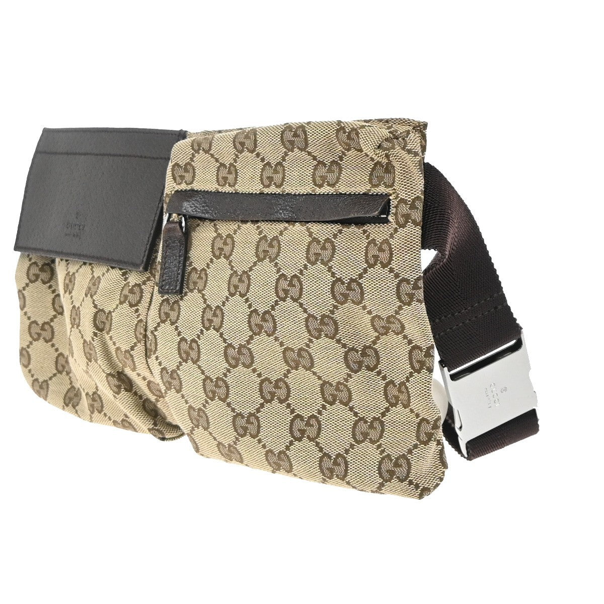 GUCCI GG Logo Double Pocket Bum Bag Canvas Leather Brown SHW Italy 85EG285