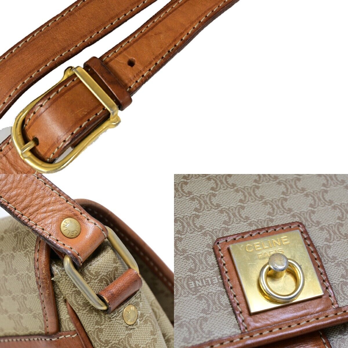 CELINE Logo Macadam Pattern Shoulder Bag PVC Leather Beige Italy 09EB602