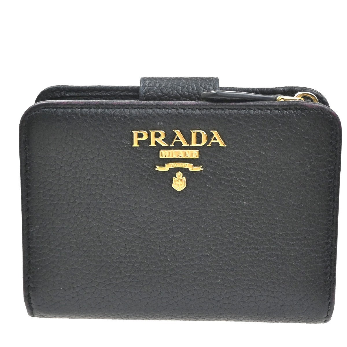 PRADA Logo Bifold Compact Wallet Purse Vitello Leather Black GHW Italy 65YJ111
