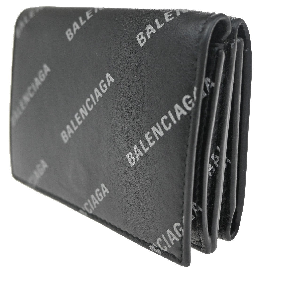 BALENCIAGA Logo Mini Trifold Wallet Purse Leather Black SHW Italy 60TA315