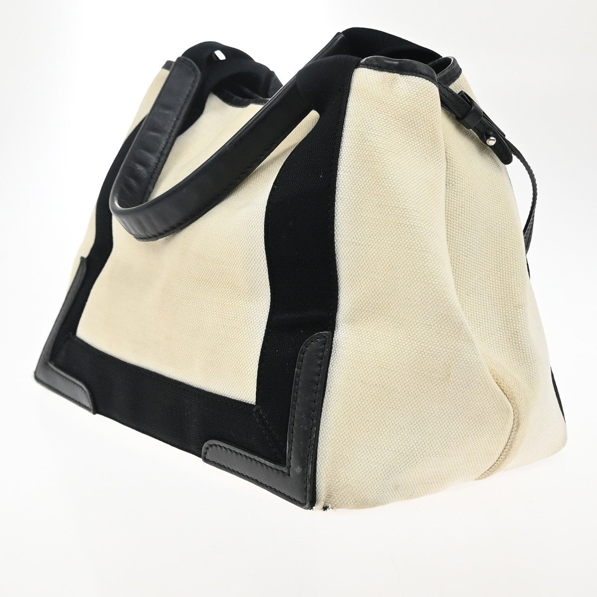 BALENCIAGA Navy Cabas S Shoulder Hand Bag Canvas Leather White Black 66EF982