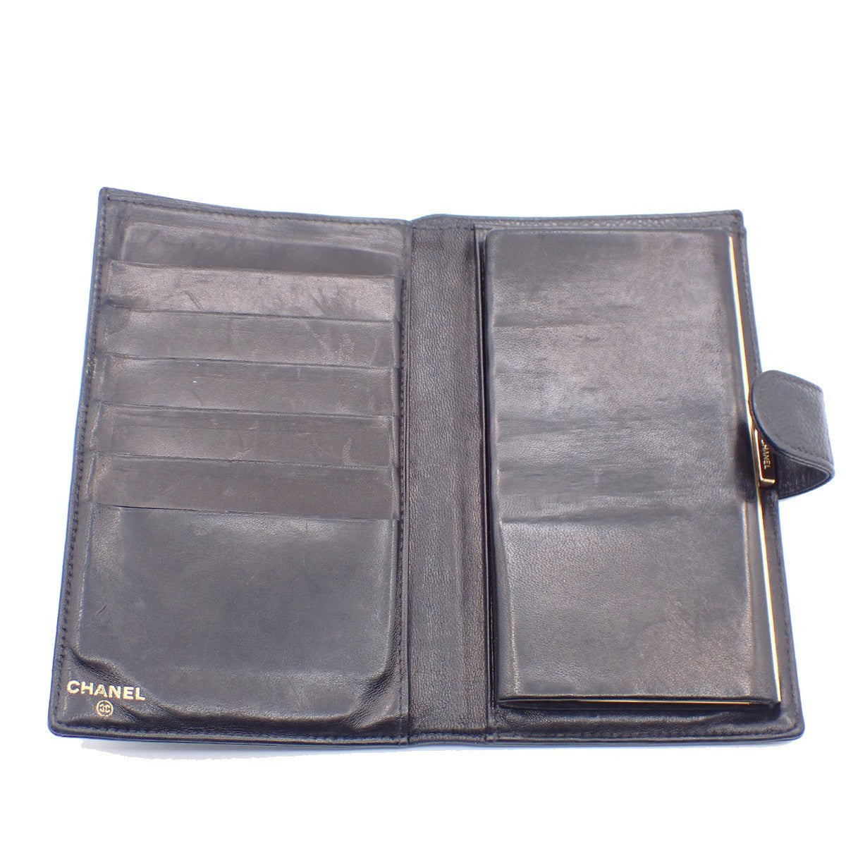 CHANEL CC Logo Long Bifold Wallet Purse Grained Calfskin Leather Black 30KC576