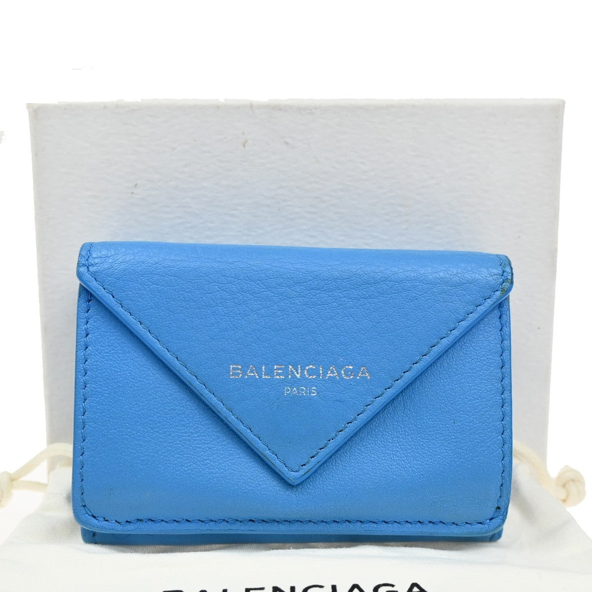 BALENCIAGA Logo Paper Mini Trifold Wallet Purse Leather Blue SHW Italy 68KB334