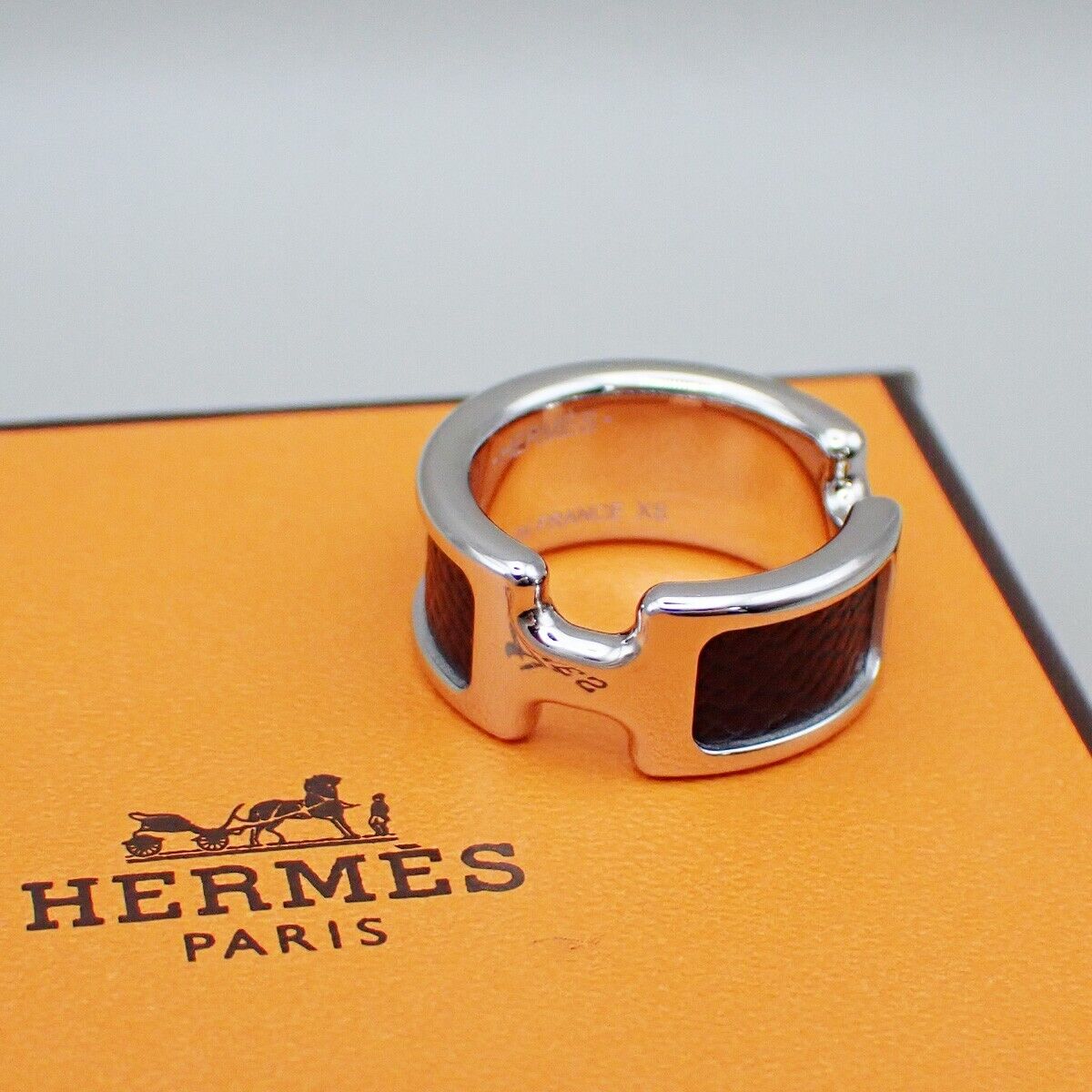 HERMES Olympe Ring XS Palladium Plated Calf Skin Leather Black Silver 30YG575