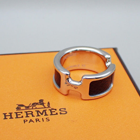 HERMES Olympe Ring XS Palladium Plated Calf Skin Leather Black Silver 30YG575