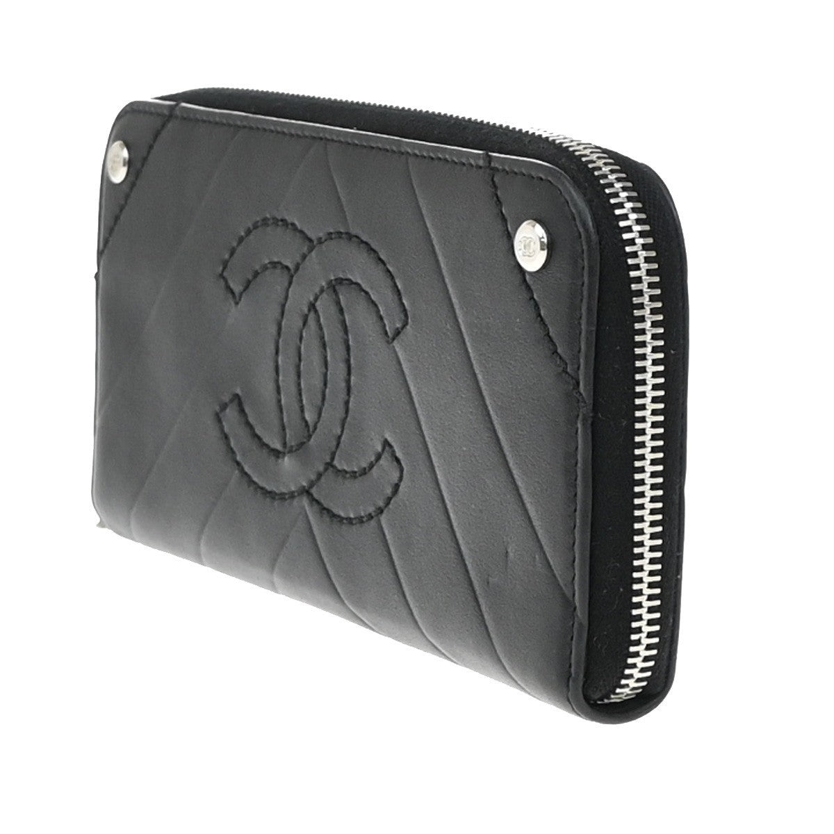 CHANEL CC Logo V-stitch Zip Around Long Wallet Leather Black Silver 77RF674