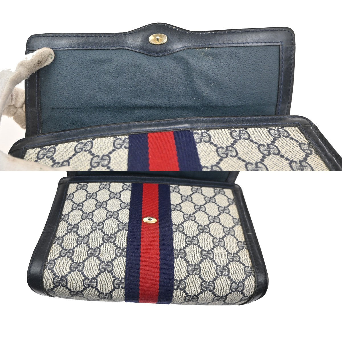 GUCCI Logo GG Sherry Line Clutch Hand Bag PVC Leather Navy Beige Italy 09MA469