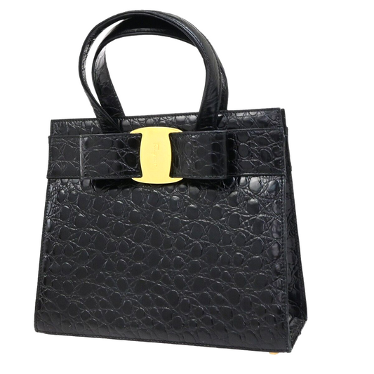 SALVATORE FERRAGAMO Logo Vara Hand Bag Embossing Leather Black Gold 32FA281