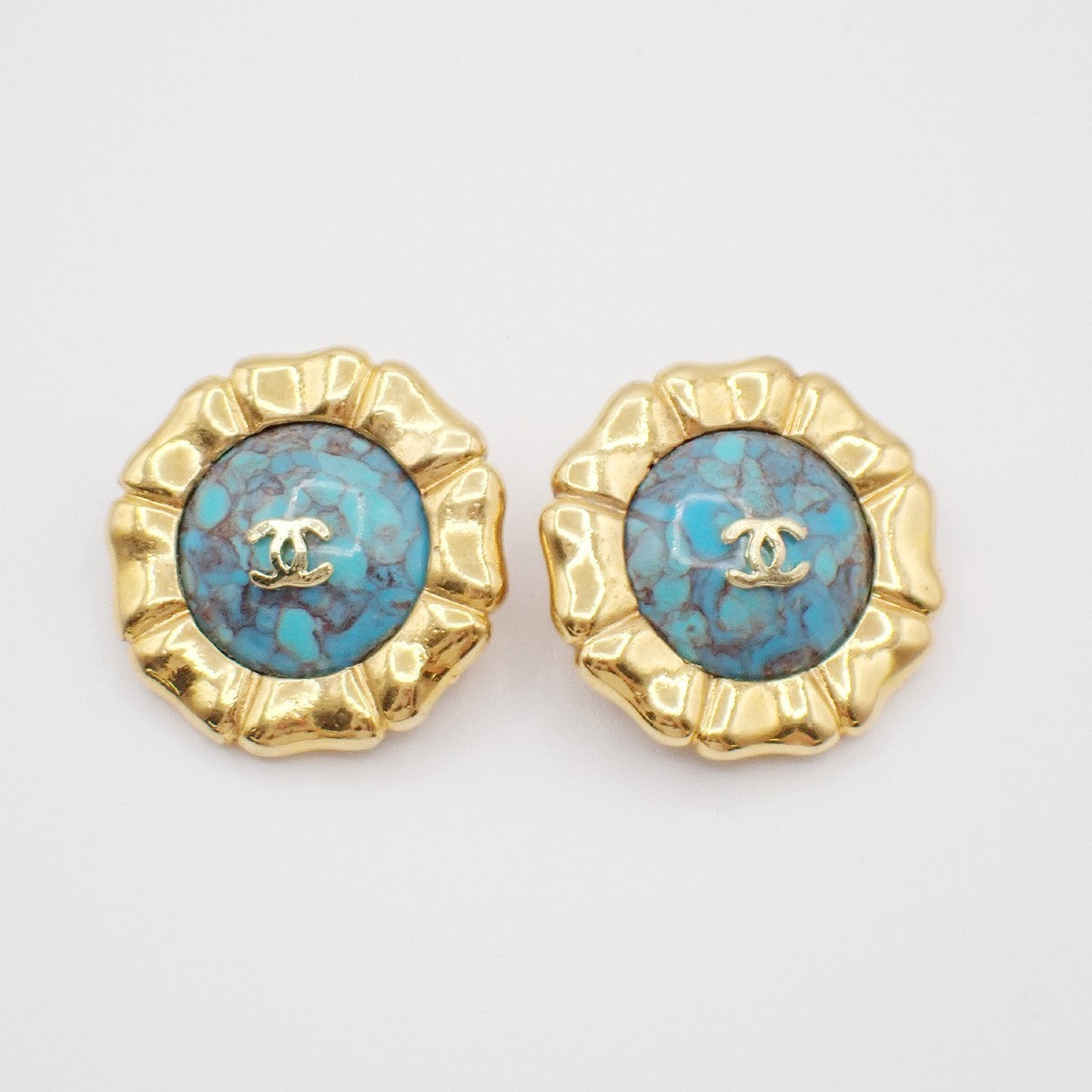CHANEL CC Logo Color Stone Round Button Earrings Clip-On Blue GHW France 30RF655