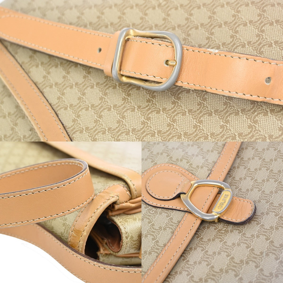 18.Live CELINE Macadam Pattern Shoulder Bag PVC Leather Beige Italy 68KP162