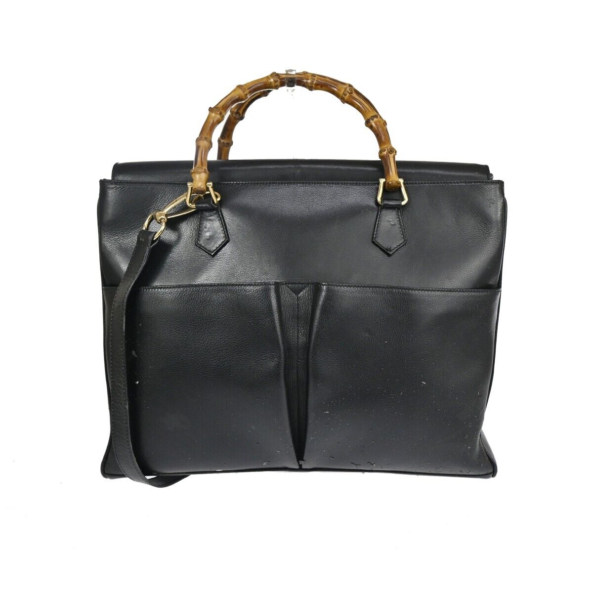 GUCCI Logo Bamboo 2Way Shoulder Hand Bag Leather Black Gold Italy 01DA076