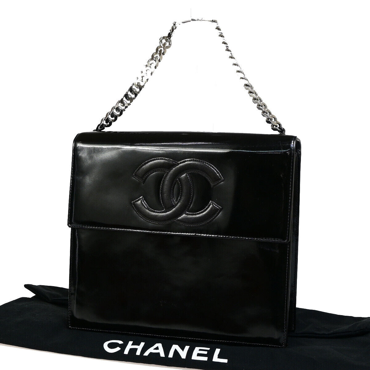 CHANEL CC Logo Chain Hand Bag Patent Leather Black SHW France Vintage 660RJ868