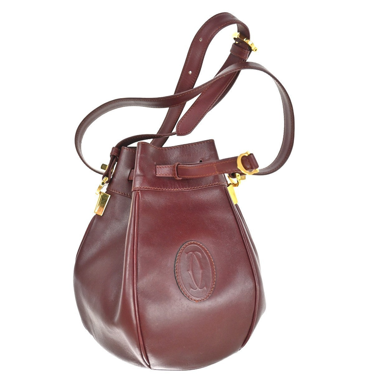 MUST DE CARTIER 2C Logo Drawstring Shoulder Bag Leather Red Gold 67TA426