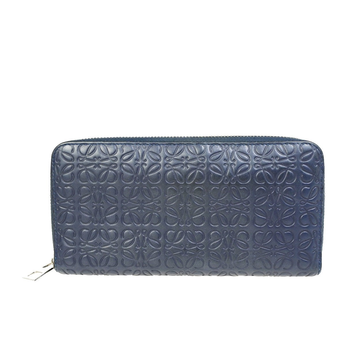 LOEWE Logo Anagram Repeat Long Zipper Wallet Embossing Leather Navy Blue 67KB395