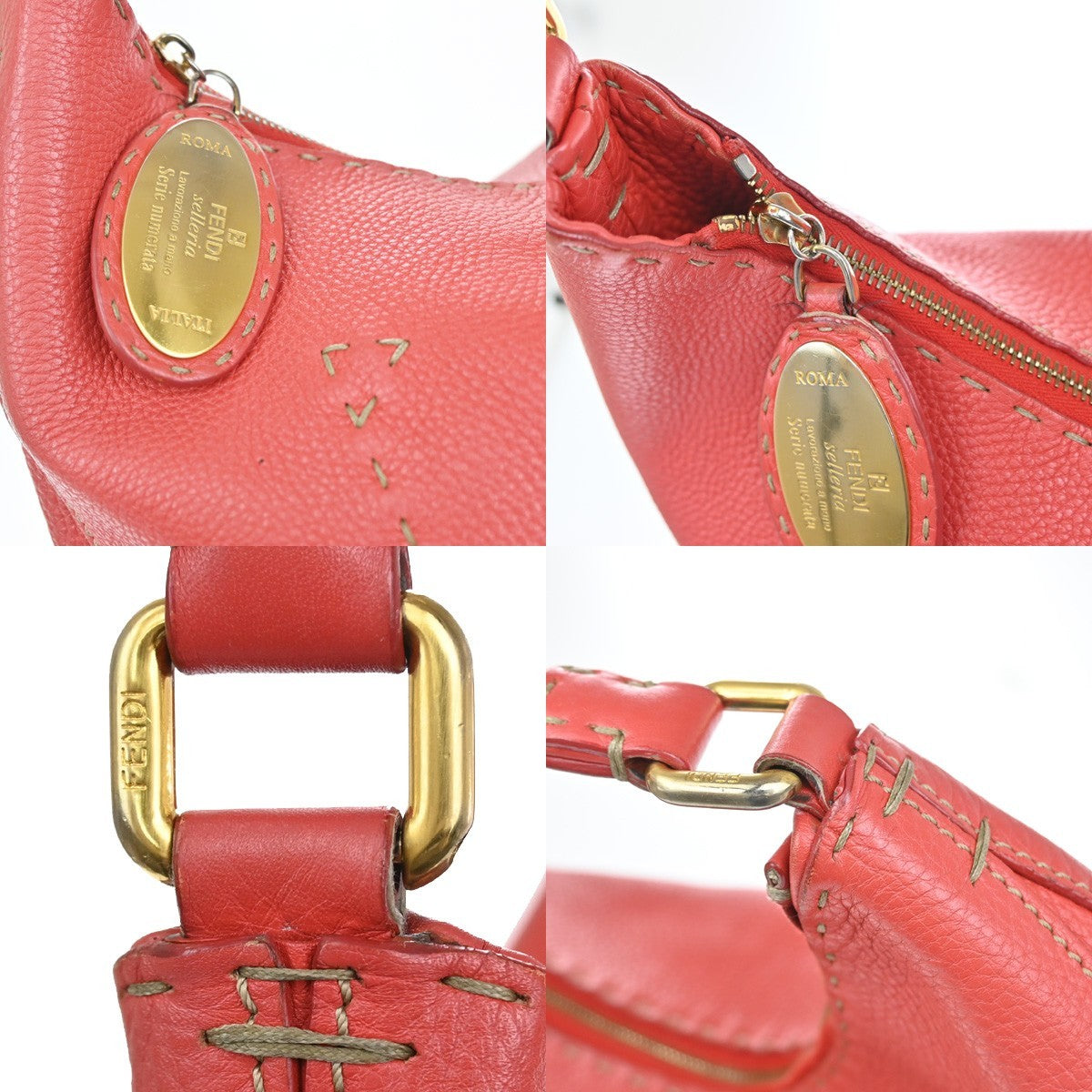 FENDI Logo Selleria Shoulder Hobo Bag Leather Red GHW Italy 82YJ094