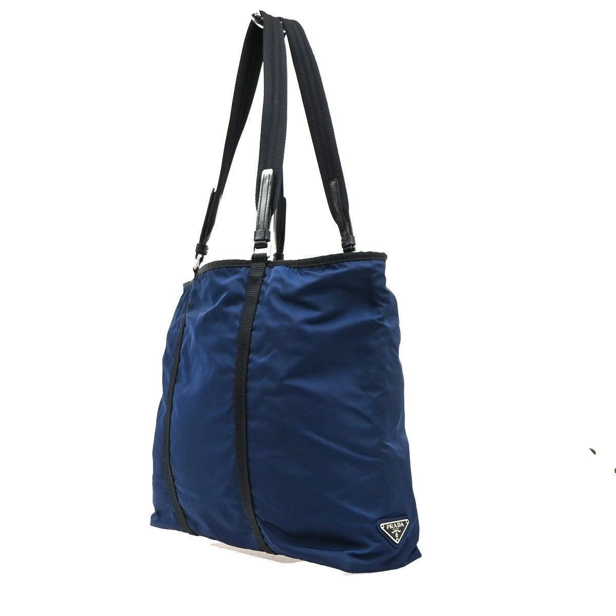 PRADA Logo Shoulder Tote Bag Nylon Canvas Leather Blue Black Italy 36MA685