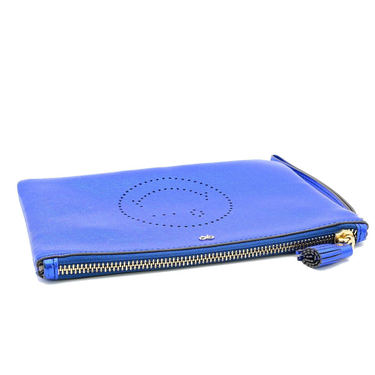 ANYA HINDMARCH Logo Smiley Wink Tassel Clutch Hand Bag Leather Blue 01KA261