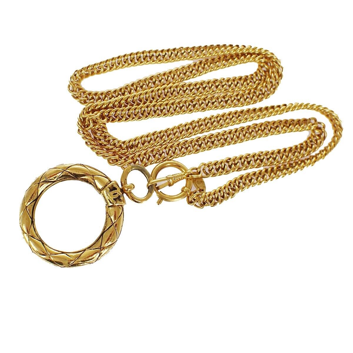 CHANEL CC Logo Loupe Long Chain Pendant Necklace Gold Accessory 91RC913