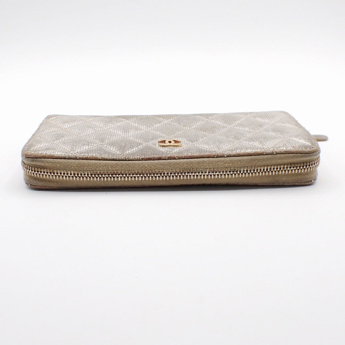 CHANEL CC Quilting Long Zipper Bifold Wallet Leather Silver GHW 05AA126