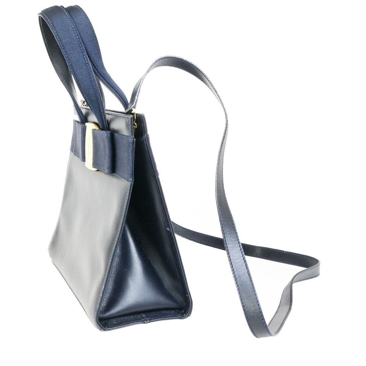 SALVATORE FERRAGAMO LOGO Vara 2Way Hand Bag Leather Canvas Navy Blue 65FA942