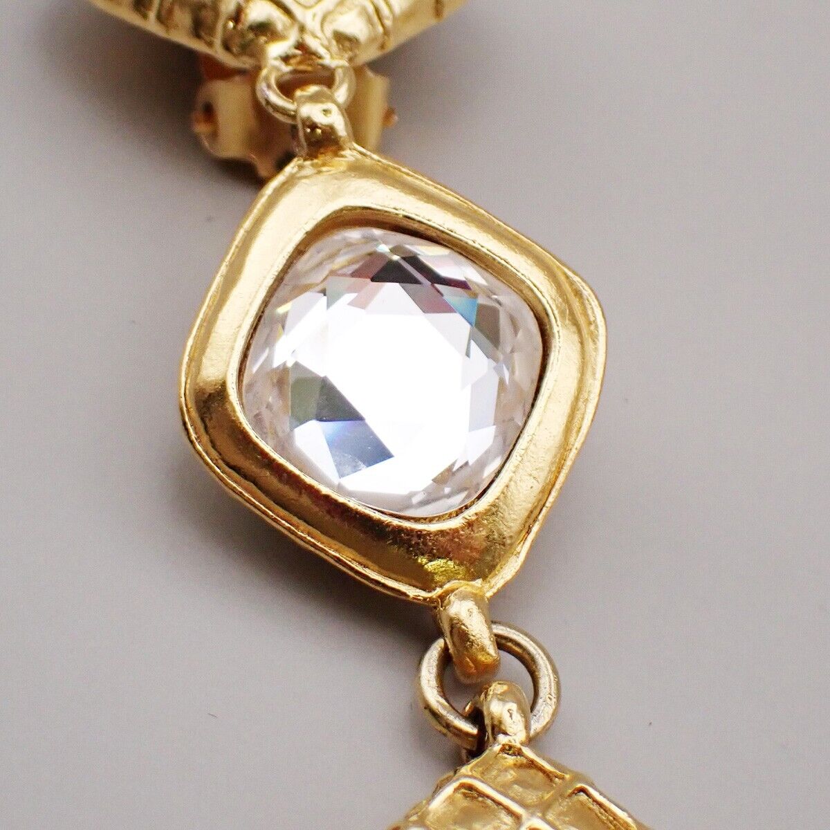 CHANEL Matelasse Diamond Shape Drop Earrings Rhinestone Clip-On Gold 73RL067
