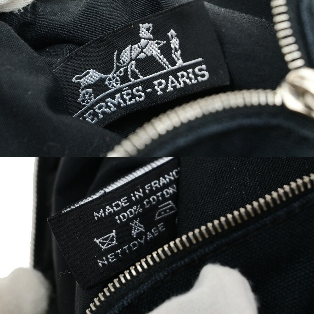 HERMES Logo Bolide 16 Mini Pouch Bag 100% Cotton Leather Black France 01ED707