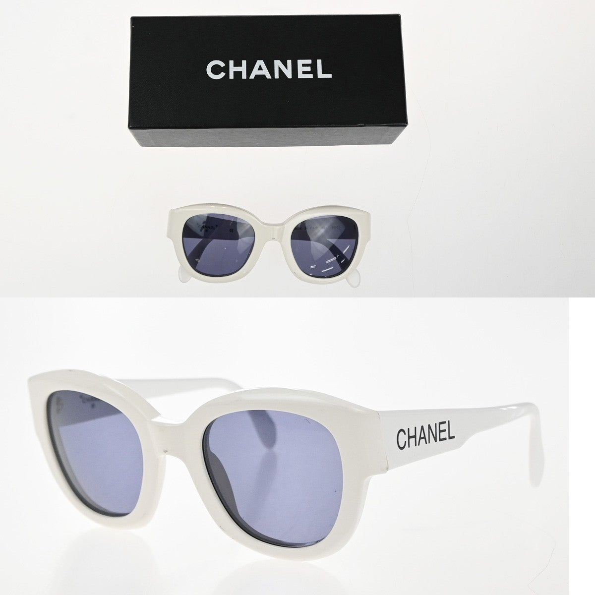 CHANEL Logo Sunglasses Eye Wear Plastic Black White 05247 Italy 68RP135