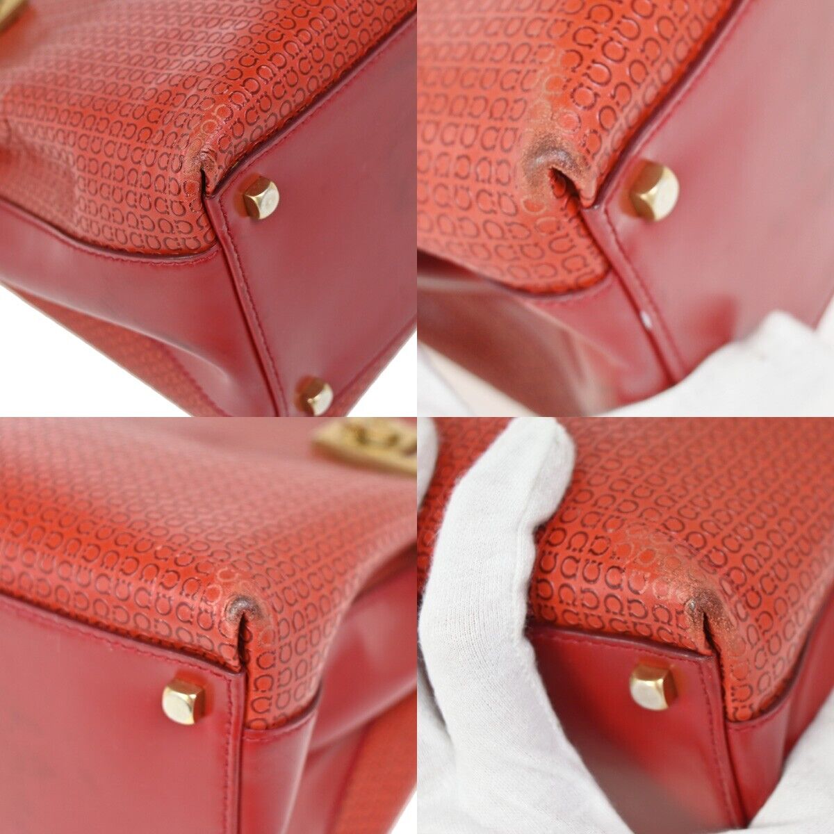 SALVATORE FERRAGAMO Logo Gancini Hand Bag Leather Red Gold Italy  66SH719