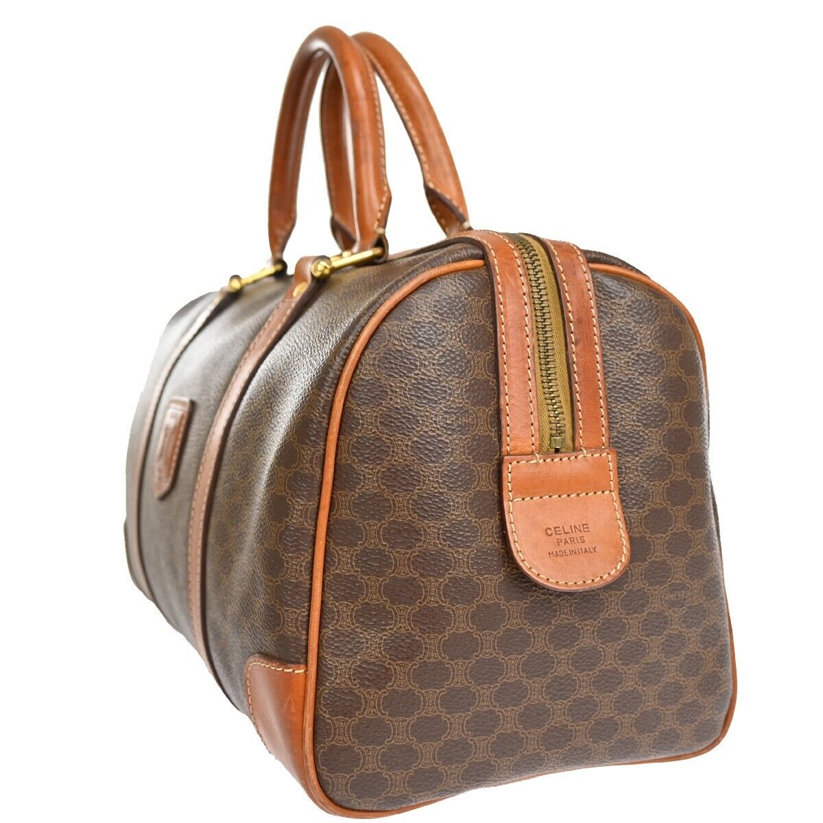 CELINE Macadam Pattern Travel Hand Bag PVC Leather Brown Gold Italy 68FA415