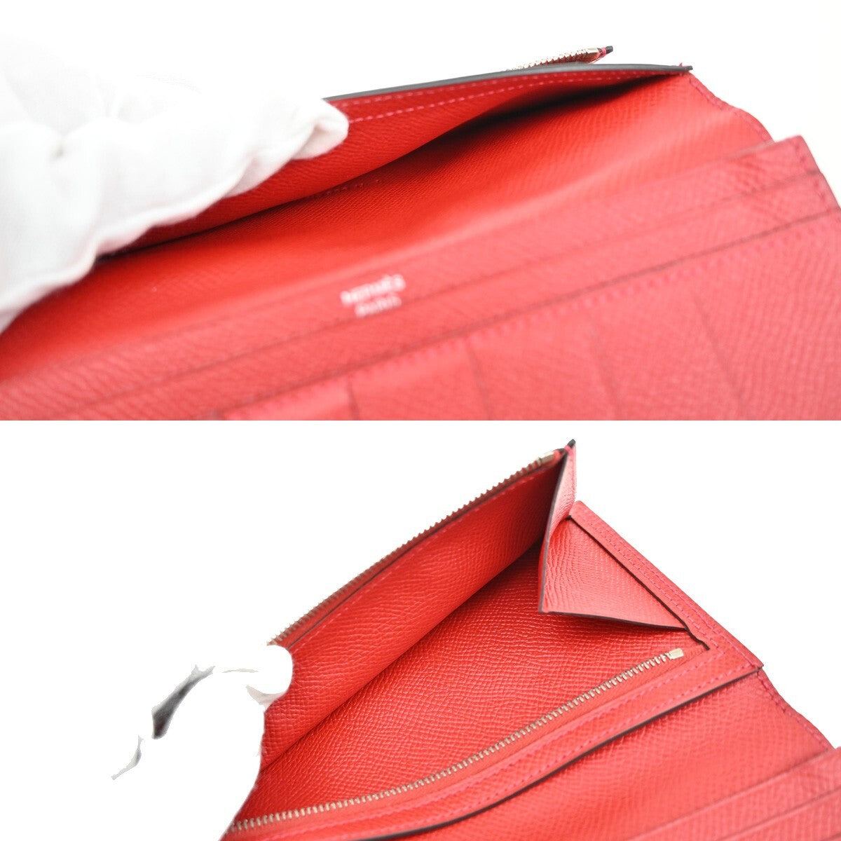 HERMES Logo Bearn Bicolor Long Bifold Wallet Leather Red Burgundy SHW 96RF294