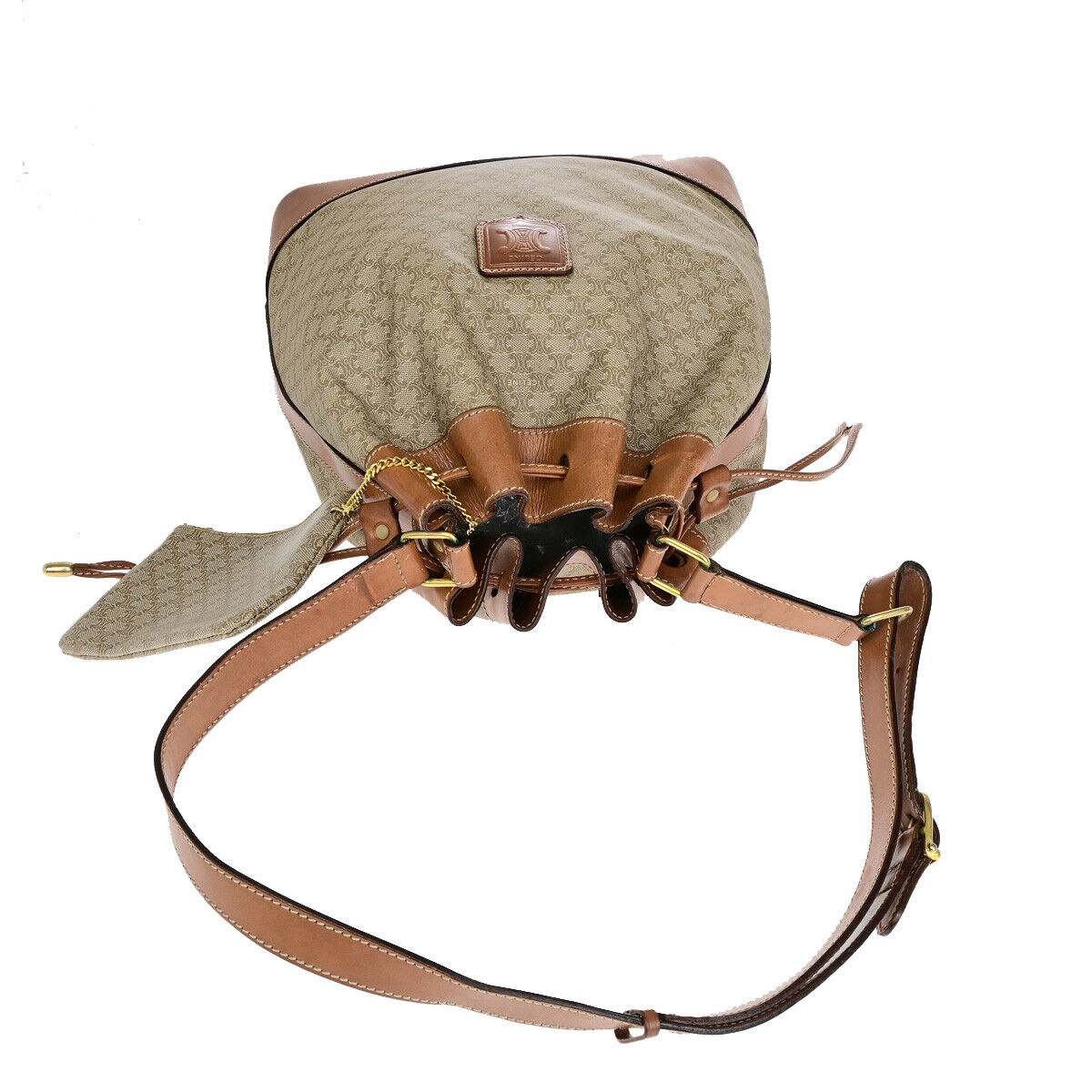 CELINE Macadam Drawstring Shoulder Tote Bag PVC Leather Beige Brown GHW 33YF570
