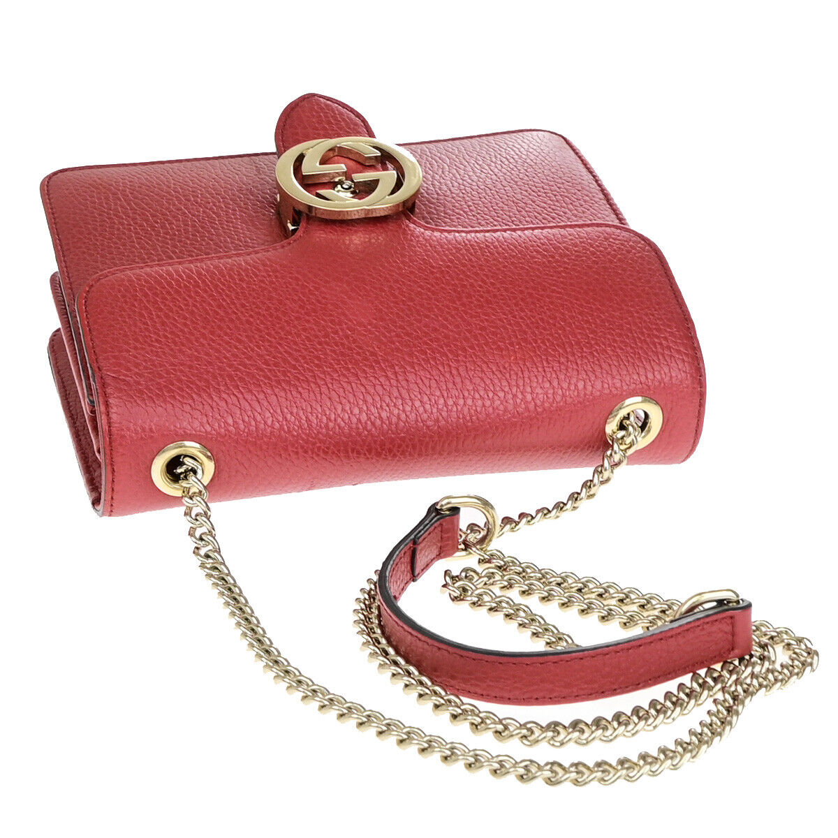 GUCCI Logo Interlocking G Mini Chain Shoulder Bag Leather Red GHW Italy 93YF653