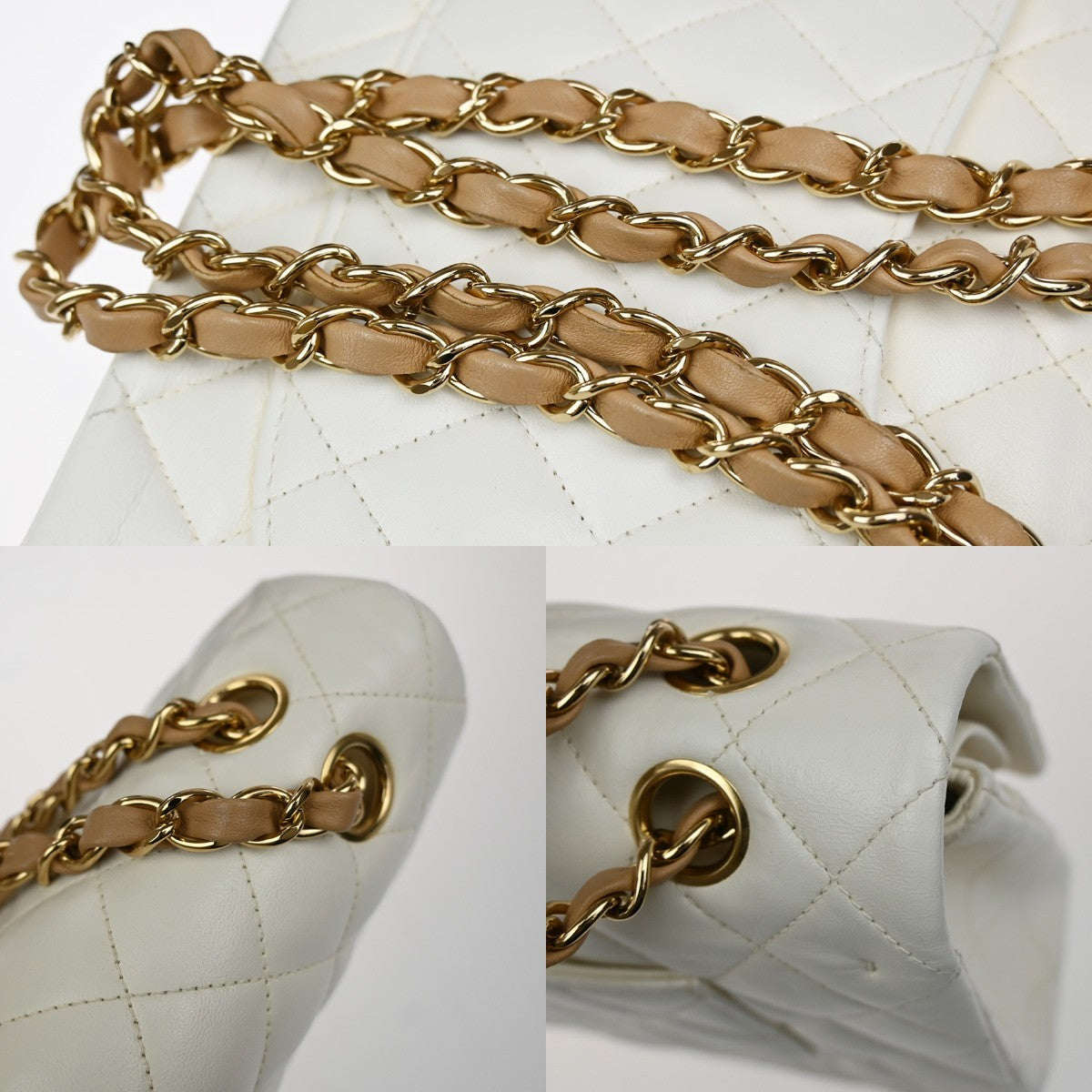 CHANEL CC Matelasse 25 Double Flap Chain Shoulder Bag Leather White GHW 870RQ054
