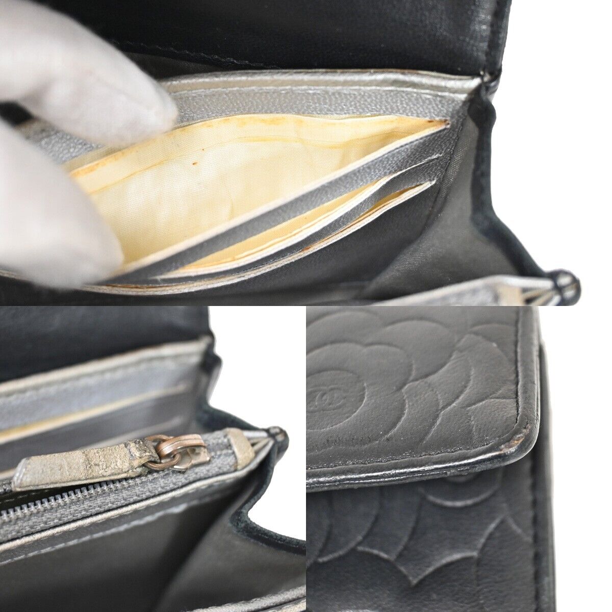 CHANEL CC Logo Camellia Long Bifold Wallet Purse Leather Black Italy 36FA430