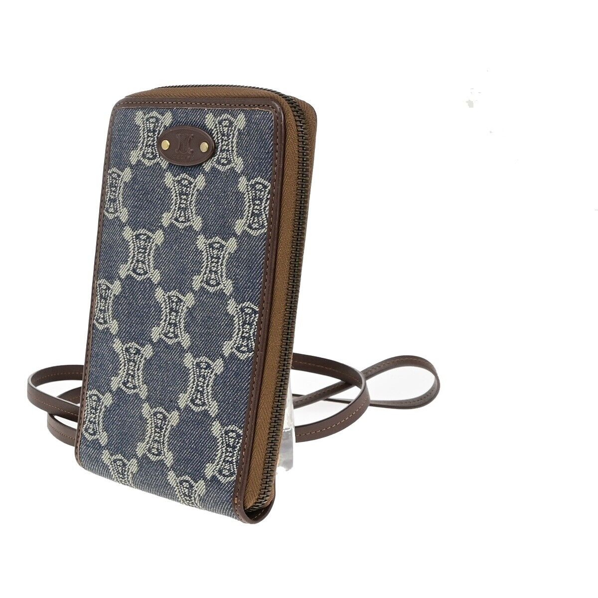 CELINE Logo Macadam Pattern Shoulder Mini,Wallet Denim Leather Blue GHW 36SJ350
