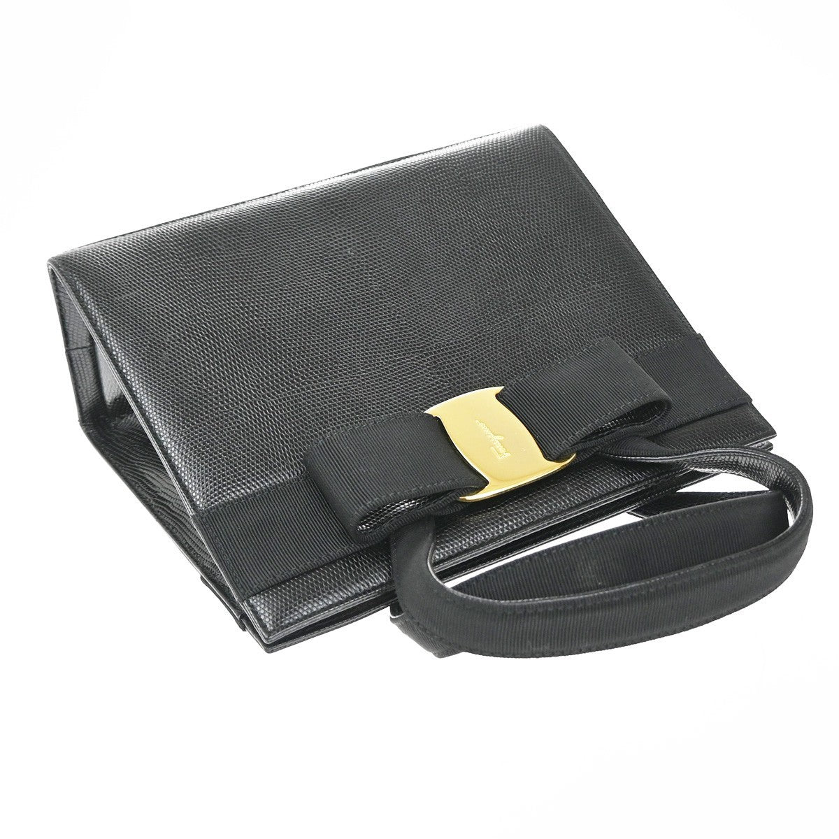 SALVATORE FERRAGAMO Logo Vara Hand Bag Embossing Leather Black Gold 62EG282
