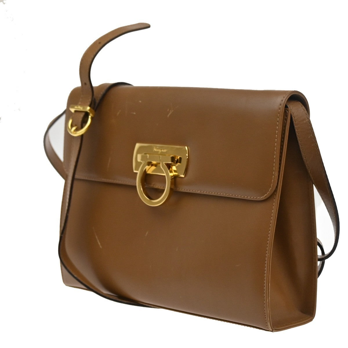 SALVATORE FERRAGAMO Logo Gancini 2Way Shoulder Bag Leather Brown GHW 04CA366