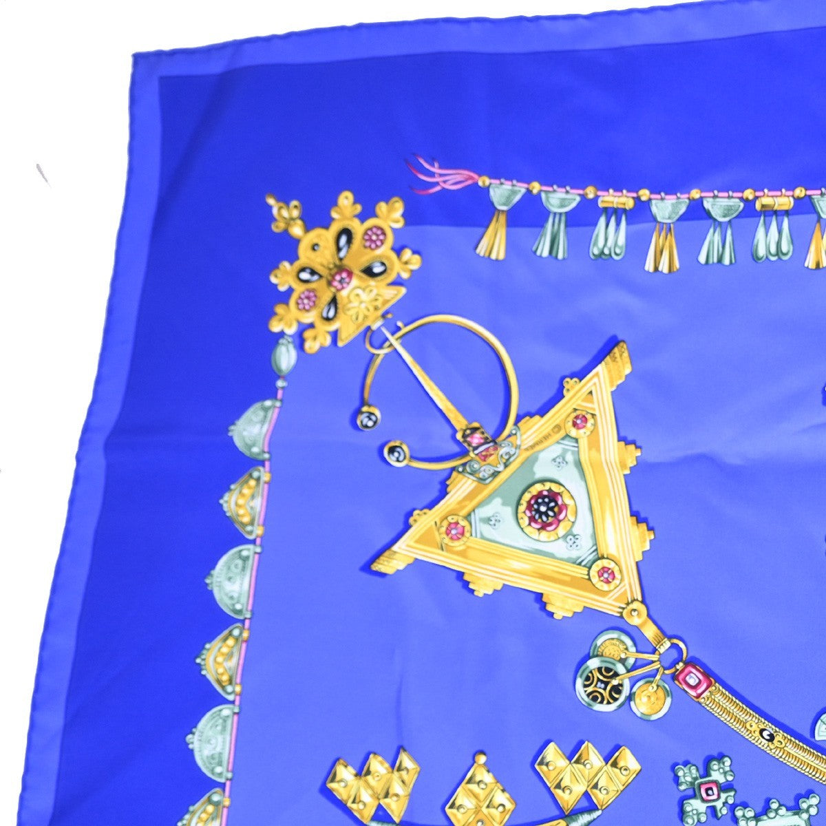 HERMES Logo Carre Scarf 90  " PARURES DES SABLES" 100% Silk Blue France 38YJ114