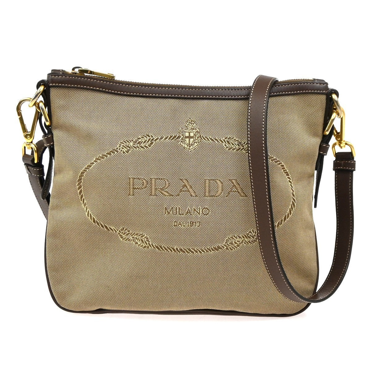 PRADA MILANO Logo Jacquard Shoulder Bag  Leather  Canvas  Brown 19SA060