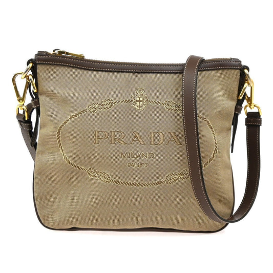 PRADA MILANO Logo Jacquard Shoulder Bag  Leather  Canvas  Brown 19SA060