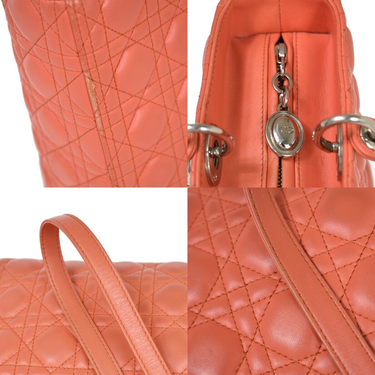CHRISTIAN DIOR Logo Lady Cannage 2Way Shoulder Hand Bag Leather Orange 691RC569