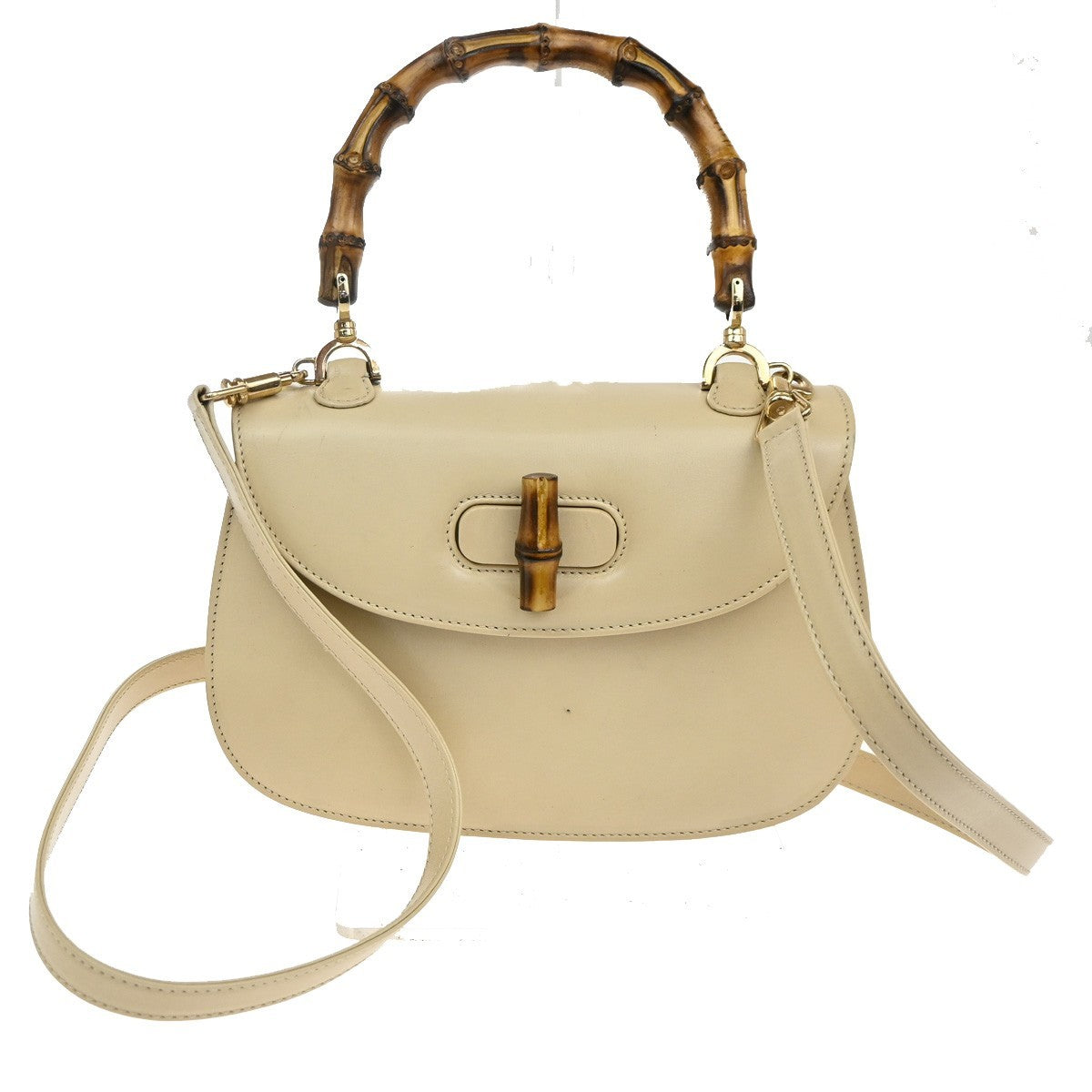 GUCCI Bamboo handle 2way Shoulder Hand Bag  Leather Beige GHW Italy 43MA010