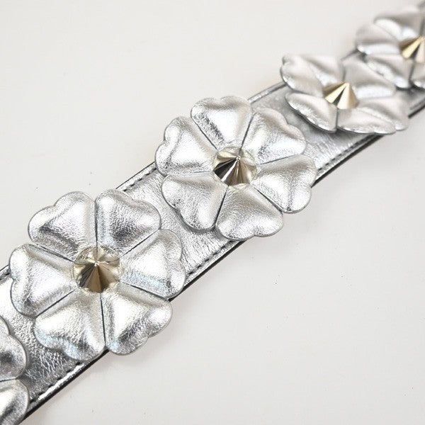 FENDI Logo Bag Shoulder Strap Flower Studs Leather Silver SHW Italy 30KP491