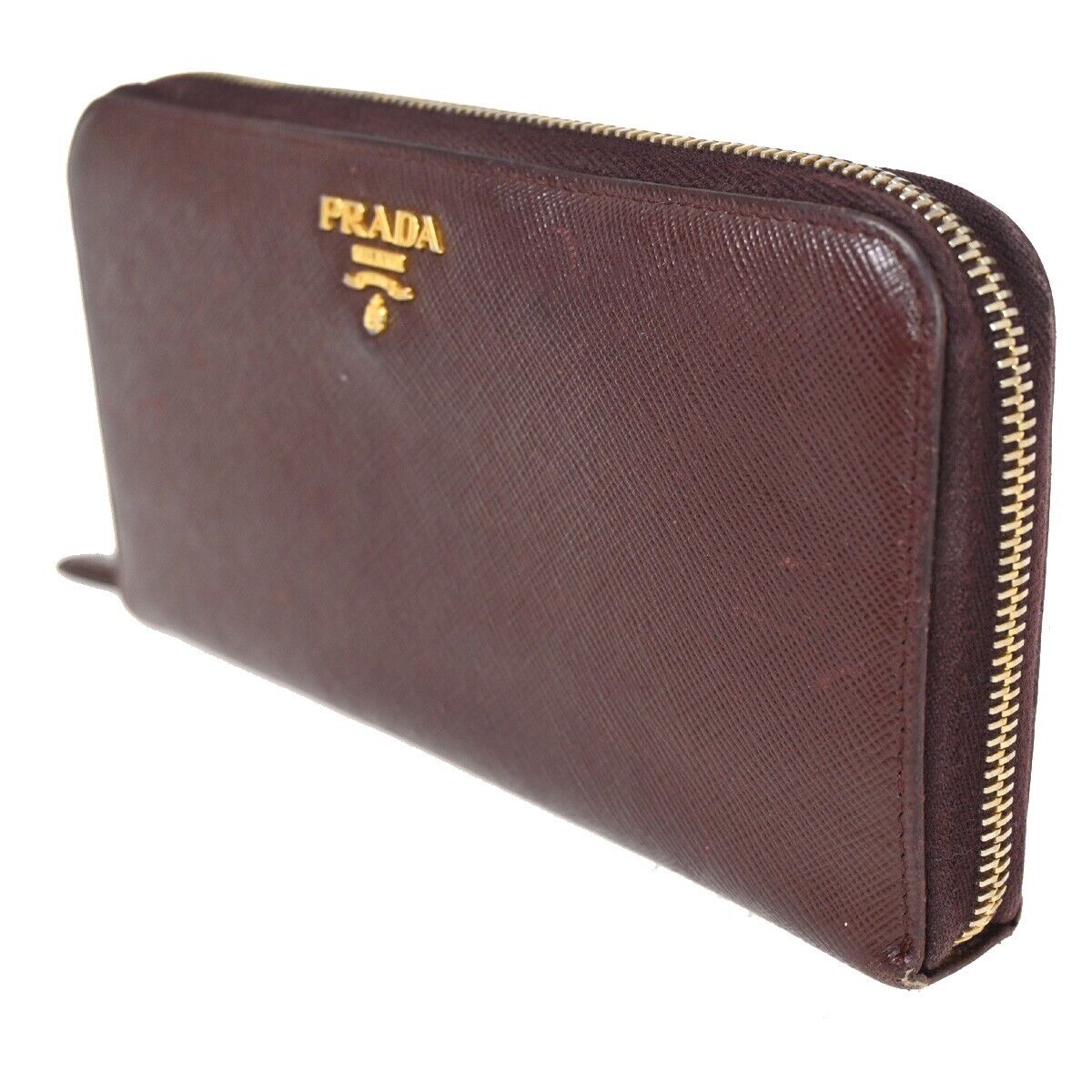 PRADA Logo Saffiano Long Zipper Wallet Purse Leather Brown GHW Italy 02YD998
