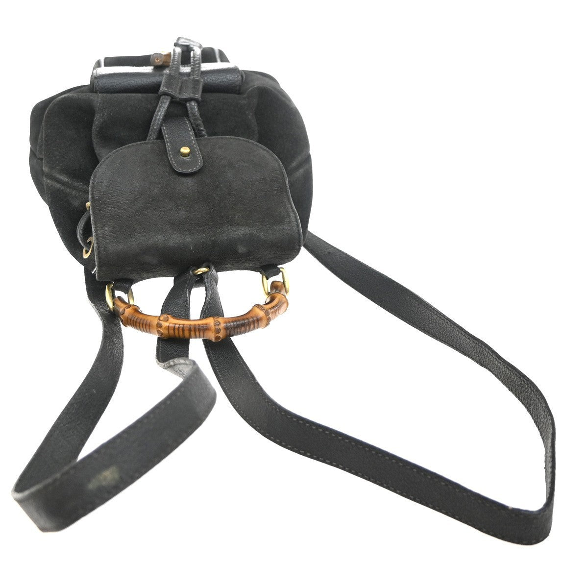 GUCCI Logo Bamboo Backpack Bag Suede Drawstring Black Italy 61EG169